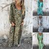 Women's Leopard Print Dress V-Neck Long Sleeve Maxi Dress Casual Loose Fit