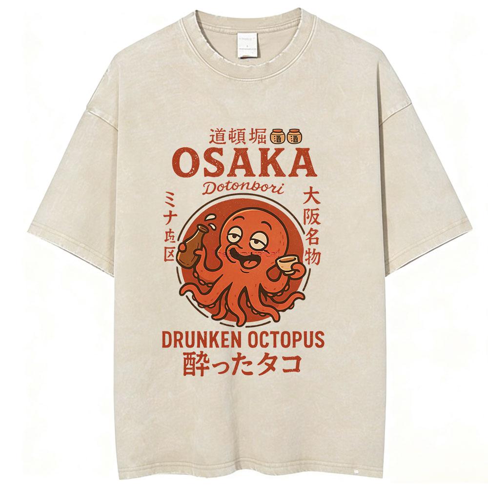 Japanese Octo Beats Osaka Dotonbori Drunken Octopus Funny T Shirts Men Women Vintage Washed Oversized Cotton TShirts Streetwear