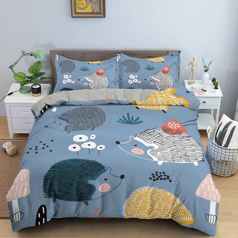 Hedgehog Bedding Set Cute Kawaii Wildlife Comforter Cover With Pillowcases For Kids Boys Girl Polyester Bedding Set King Size