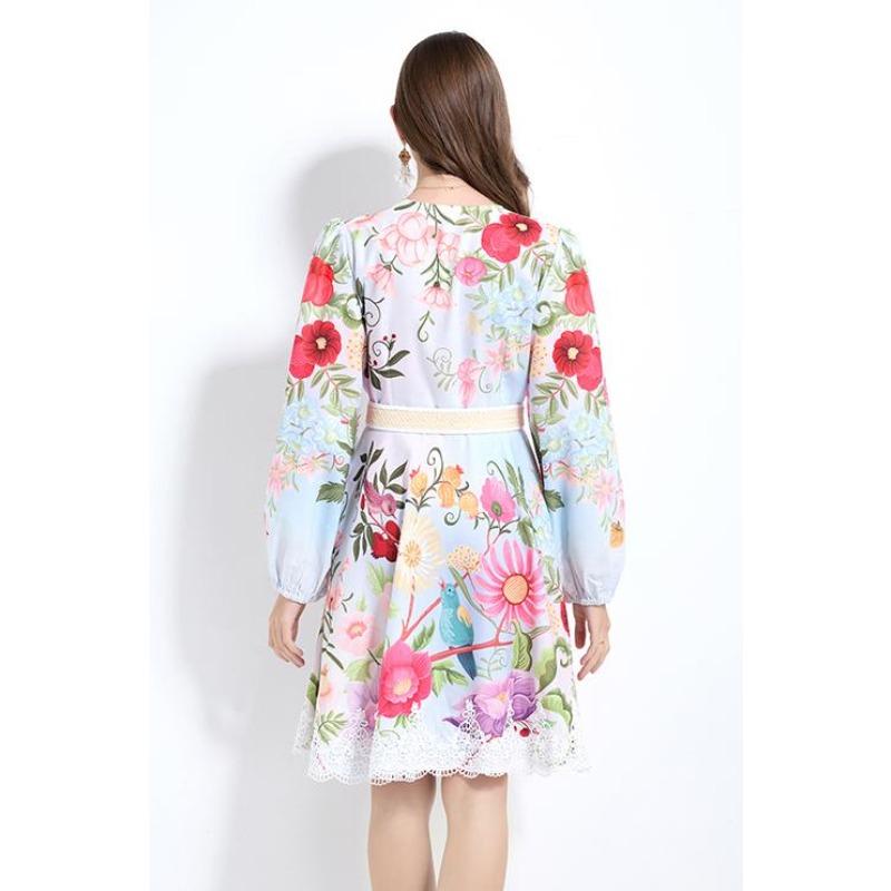 Весна Осень Женские V-образный вырез Принт Кружева Лоскутное Мини Короткие Шикарные Пляжные Праздничные Платья С Поясом