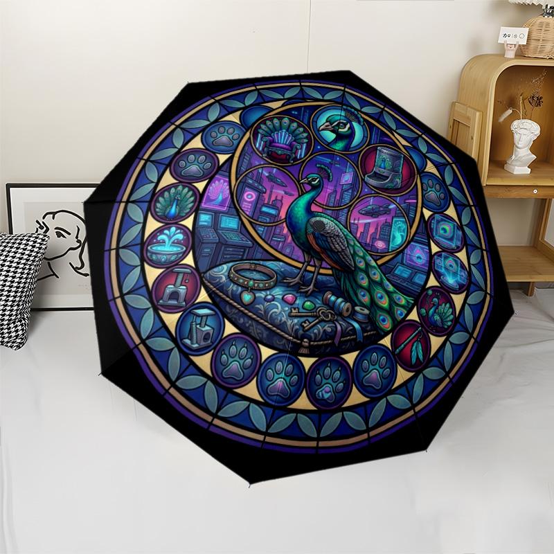 Peacock Glass Circle pattern umbrella, portable and foldable design, 8 ribs, a casual accessory for Halloween, Christmas, and birthday gifts.