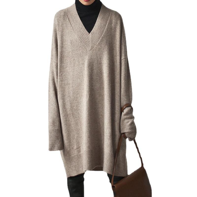 Autumn and Winter Women's V-neck Knit Sweater Mid-length Loose Sweater Pullover Sweater Dress