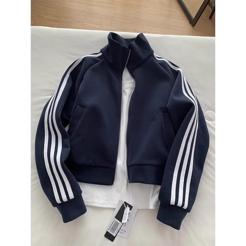Womens Oversized Cotton Hooded Stand Collar Track Jacket 2025 Casual Sporty Sweatshirt With 3-Stripe Design