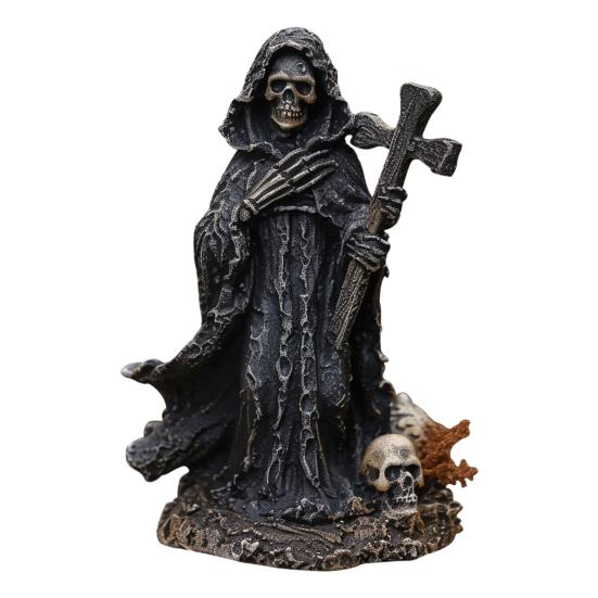 Halloween Black Robe Skeleton Figurine Gothic Cross Skeleton Resin Statue Sculpture Home Office Desktop Bookshelf Decoration Ornament Festival Gift