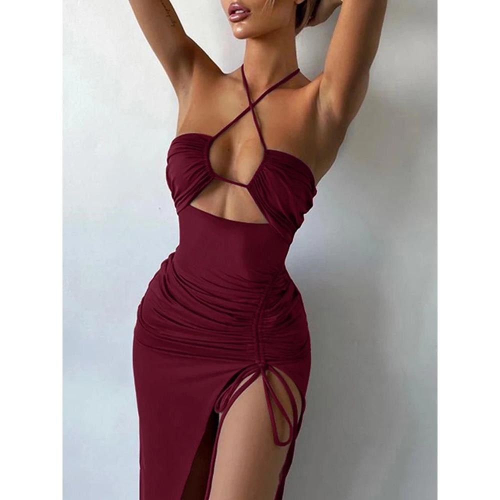 Summer Sexy Dress For Women Sleeveless Backless Hollow Out Party Dress Fashion Lace-up Halter Bodycon Elegant Split Dress