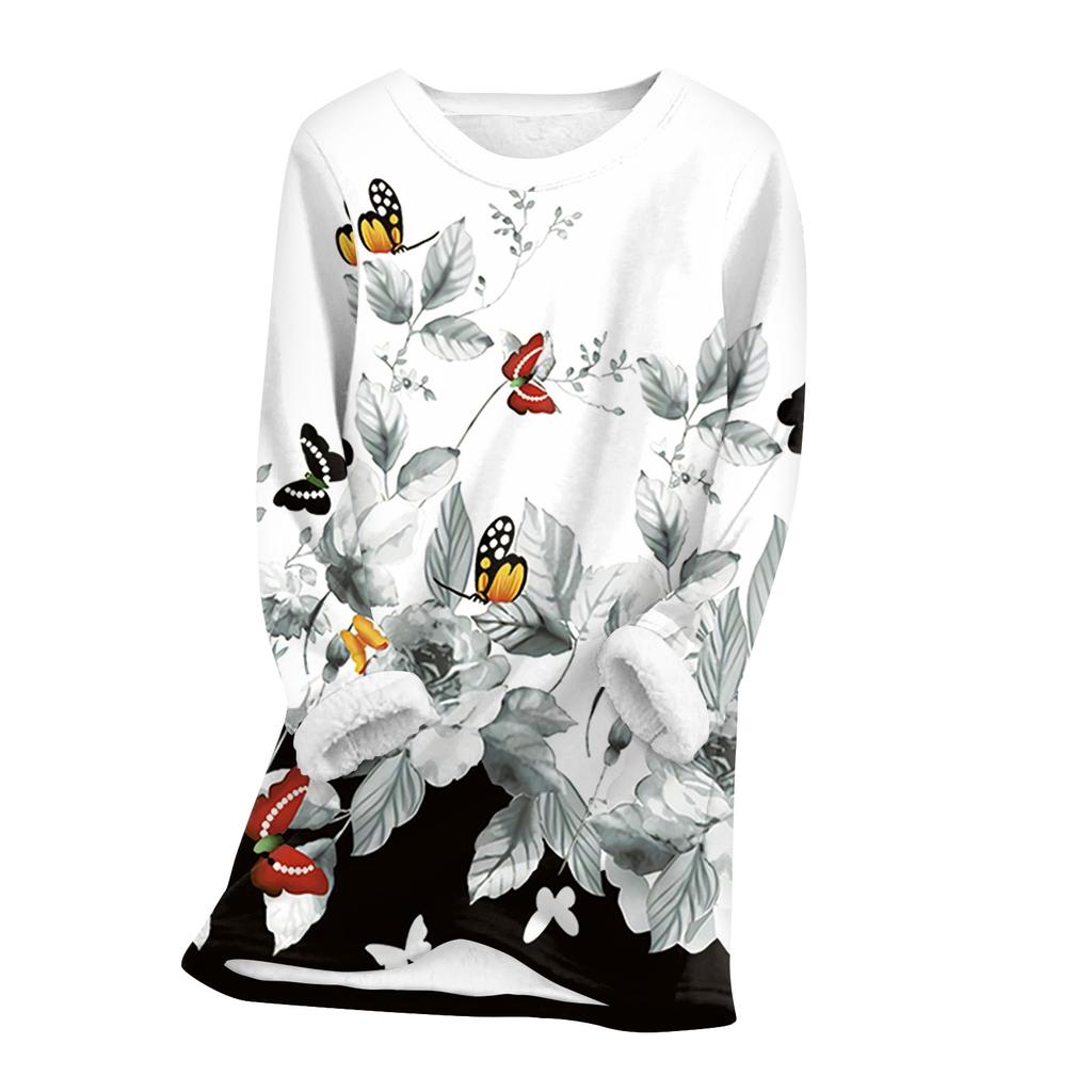 Женский топ с круглым вырезом и принтом из утолщенного плюша и кашемира, теплый длинный топ