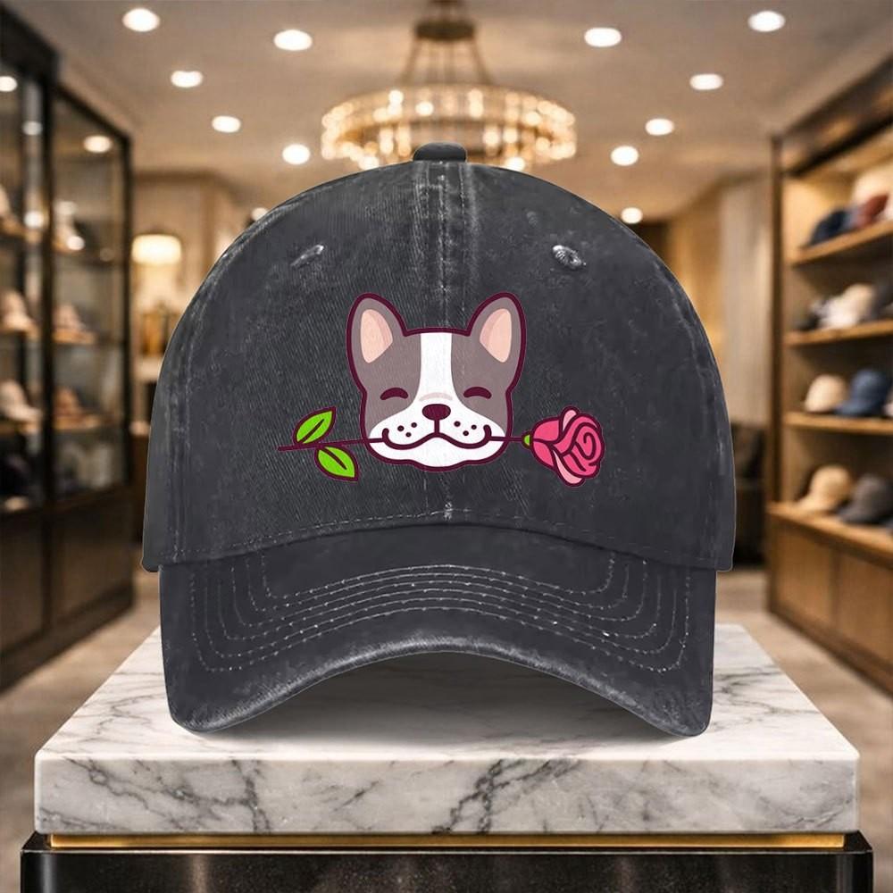 French Bulldog Rose Graphic Washed Baseball Cap Unisex Adjustable Cotton Street Style Outdoor Hat