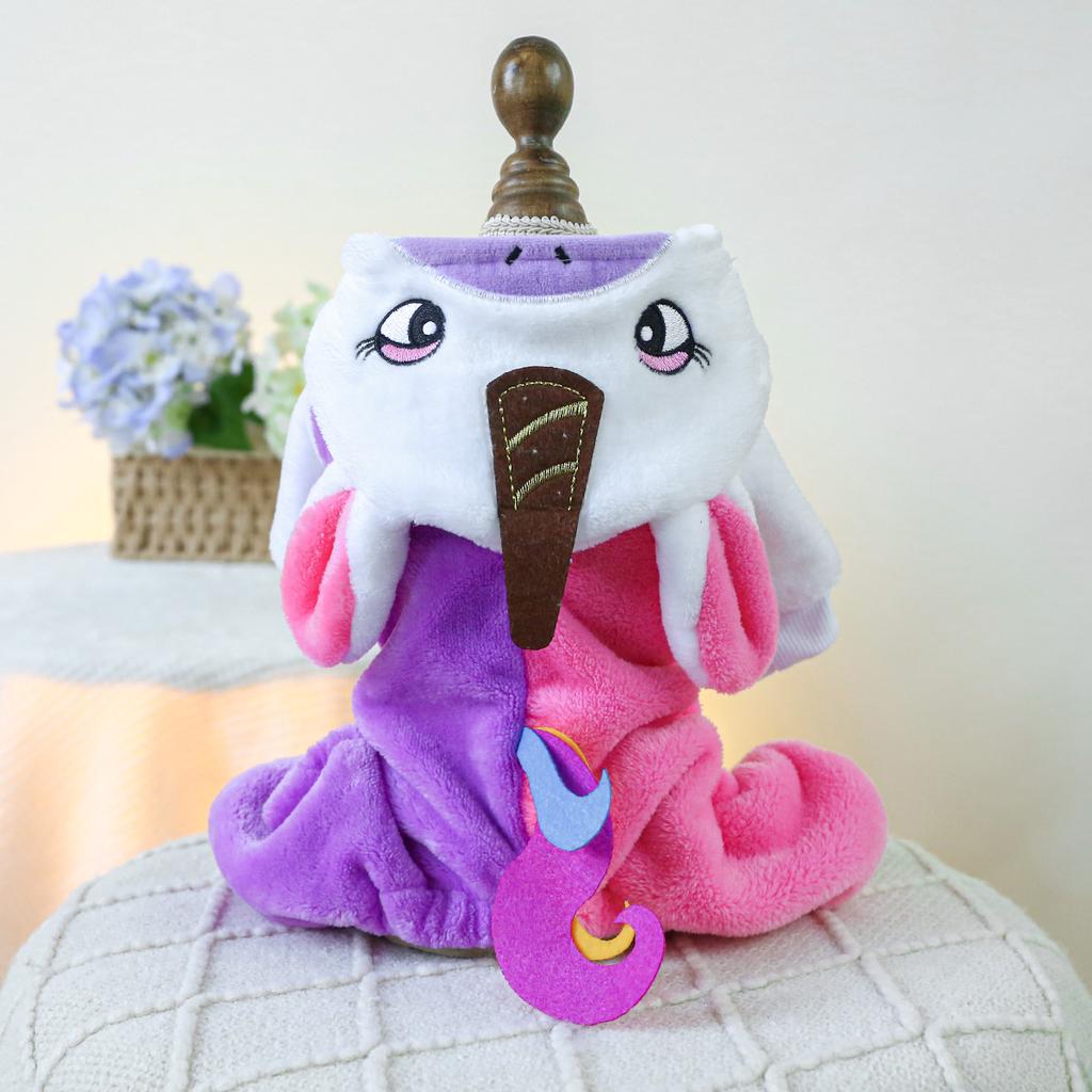 1PC Rainbow Unicorn Transformation Pet Clothes Dog Winter Thickened Warm Fleece Four-legged Hooded Open Button Clothes