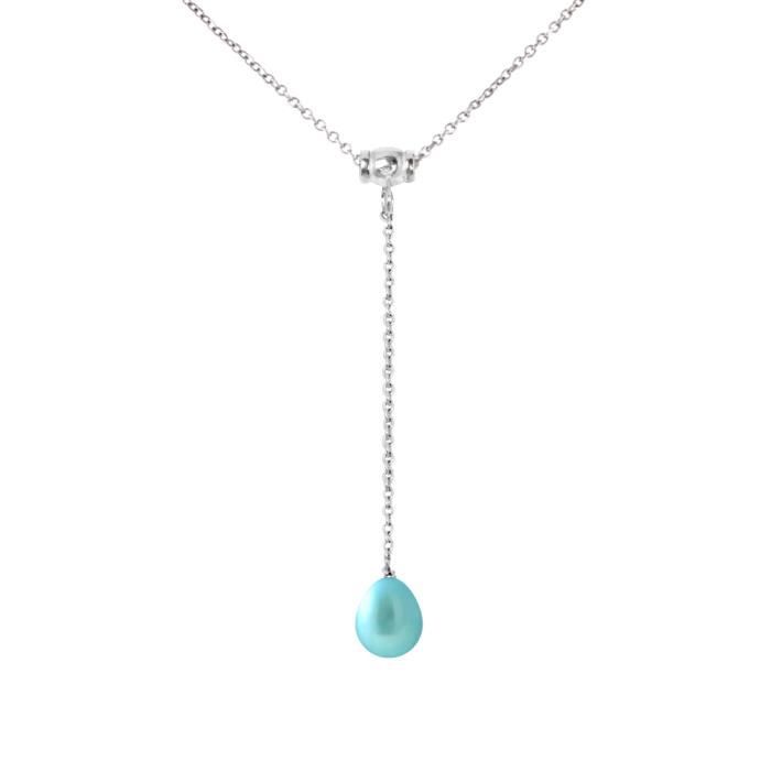 Tie Necklace - PERLINEA - Freshwater Pearl AAA+ 9-10 Mm - Turquoise Blue - 925 Silver