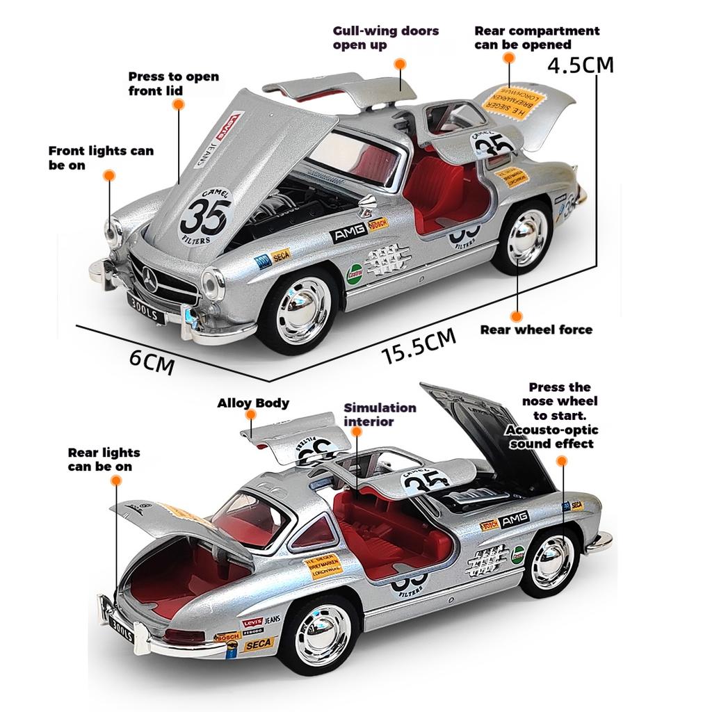 1/32 Benz 300SL 35# Винтажный Классический Сплав Металл Литой Модель Автомобиля Звук и Свет Симуляция Коллекция Дисплей Украшения Подарок