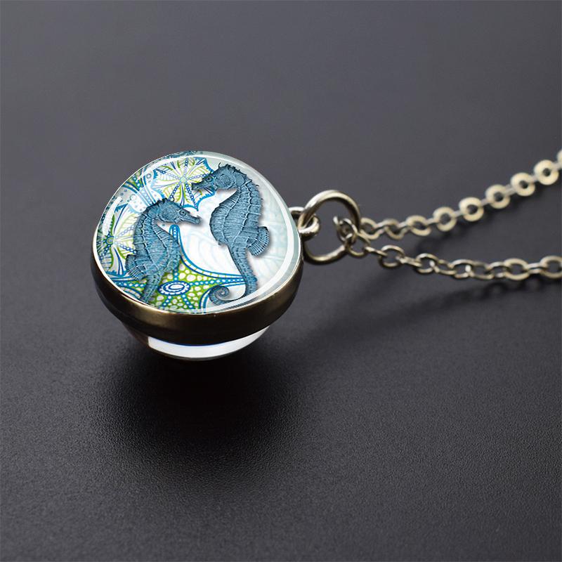 Ювелирные ожерелья с синим морем и морской жизнью, черепаха, дельфин, ракушки, двухсторонний хрустальный стеклянный шар, кулон, ожерелье для женщин и мужчин, подарок