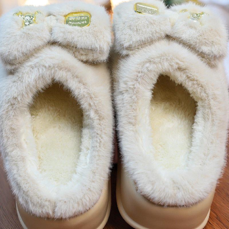Новые пушистые тапочки с бантом для женщин, зимние теплые меховые шлепанцы, женские тапочки-облака, теплые плюшевые тапочки для девочек-подростков на платформе, домашняя обувь