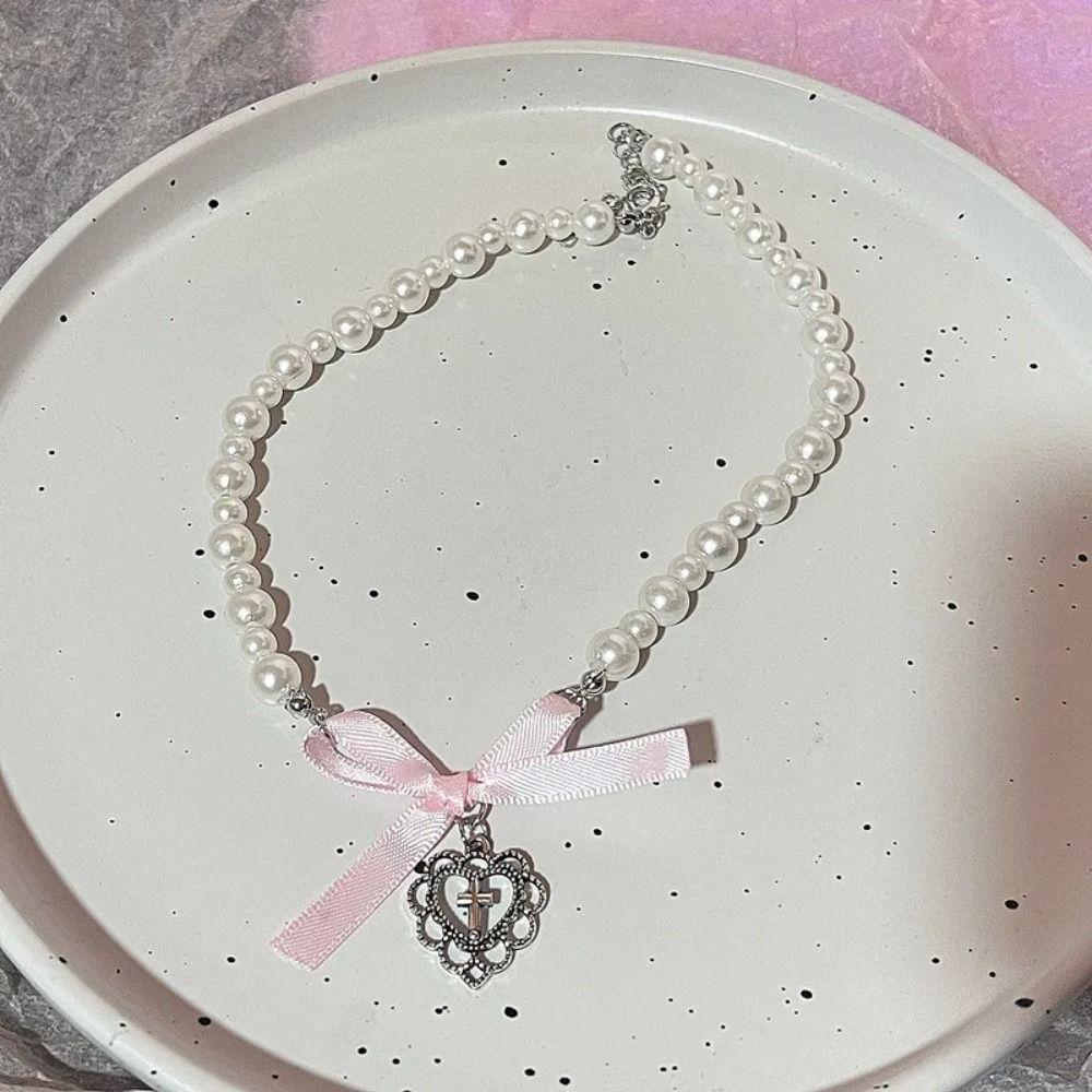 Korean Style Bowknot Pendant Choker Zircon Balletcore Choker Temperament Pink Bow Necklace  Wedding