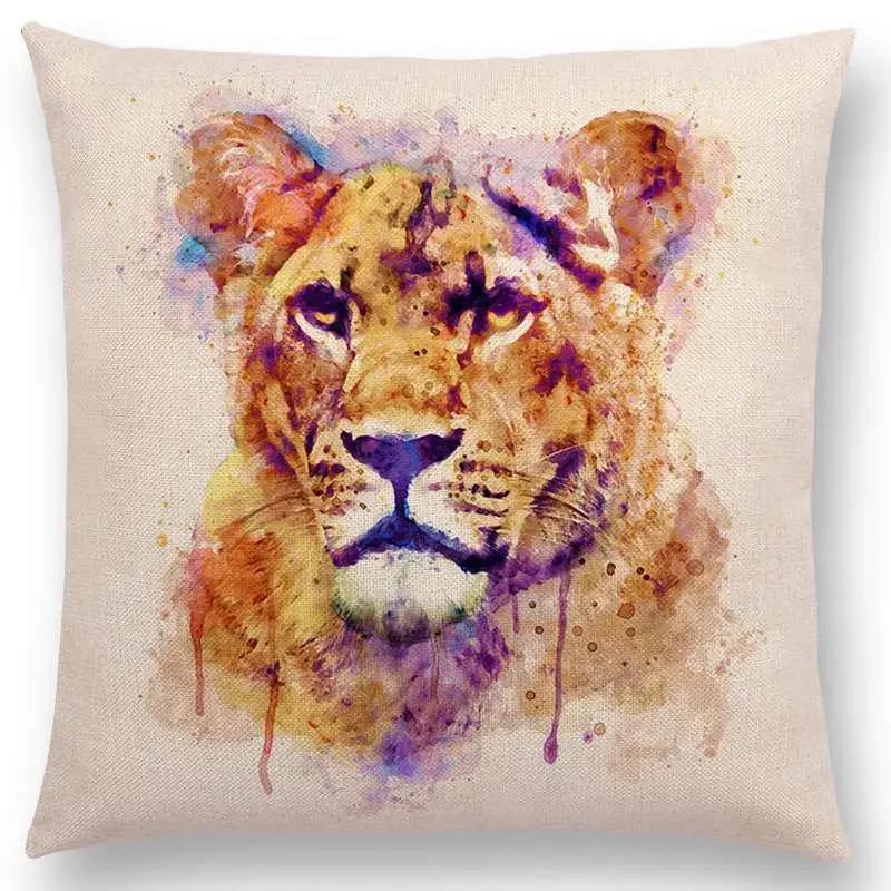 Watercolor Animals Cushion Cover Portrait Head Bighorn Lion Leopard Tiger Bear Eagle Horse Dogs Home Sofa Throw Pillow Case