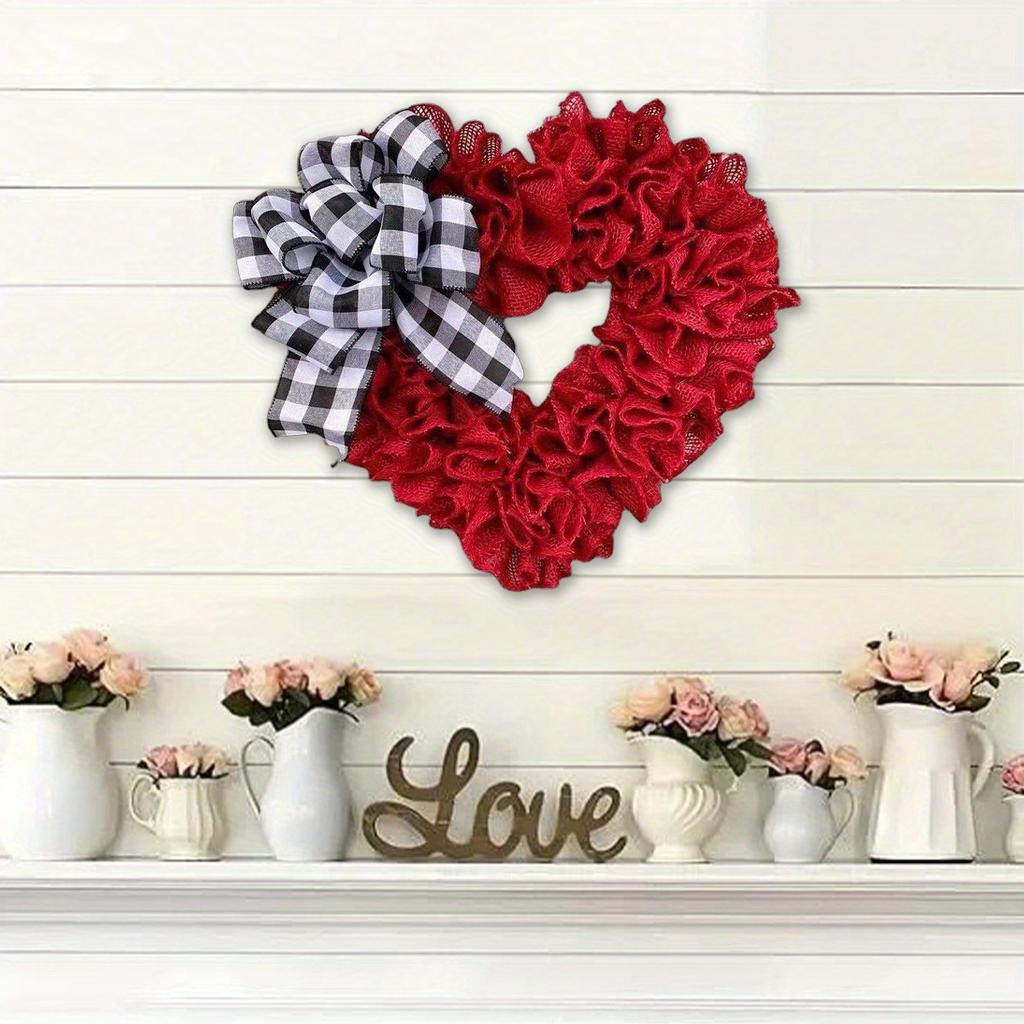35 см венок в форме сердца ко Дню святого Валентина, подвесная табличка для входной двери, венок из мешковины в форме сердца с клетчатыми бантами для улицы, дома, свадьбы, гирлянды для домашнего декора