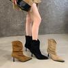 Korean Version of Retro Pointed-toed Fine-heeled Pleated Piled Boots for Women's 2025 Autumn and Winter New Temperament Versatile Commuter Mid-tub