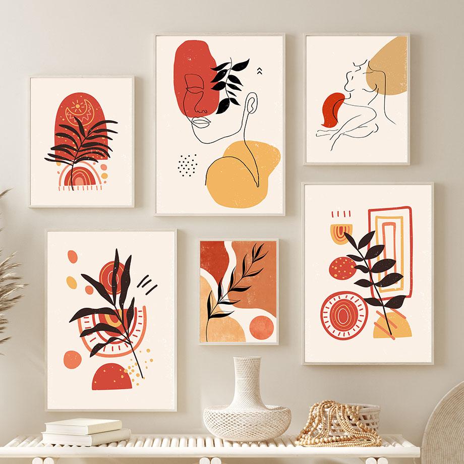 Настенная картина на холсте, красная, желтая линия, девушка, ветка ивы, минималистичные украшения для гостиной, постеры и принты, настенные панно