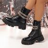Lacquer Leather Mid Tube Lace Up Thick Soled Martin Boots for Women, Large Chain Thin Knight Boots