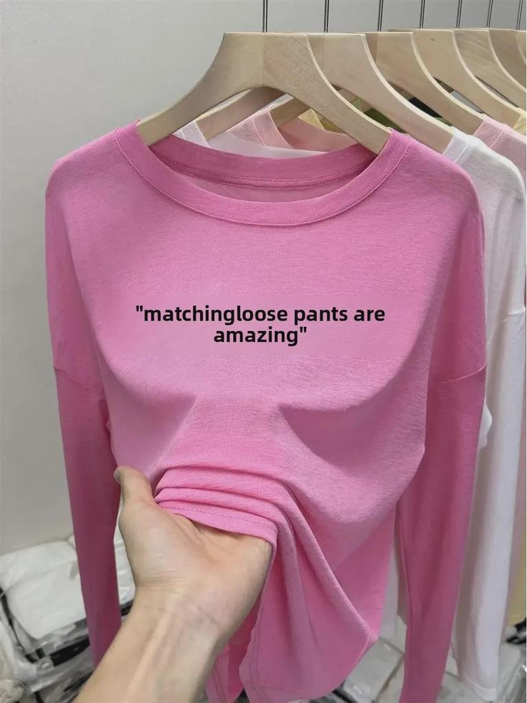 Women's Summer Ice Silk Gauze Sunscreen Blouse, Thin Airy Long-Sleeve Pink T-Shirt