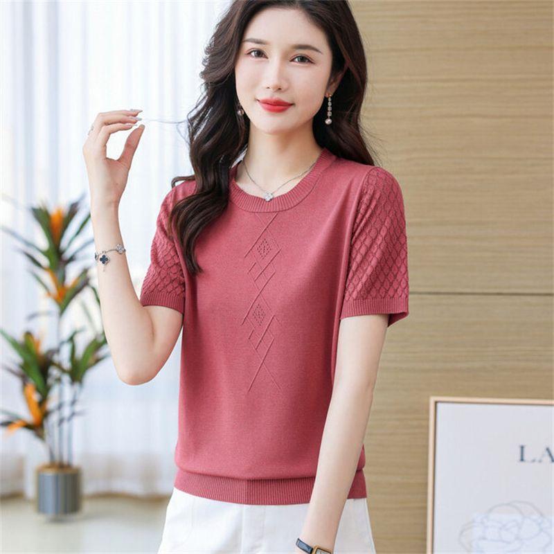 Женская летняя тонкая однотонная трикотажная футболка Hollow Ice Silk с коротким рукавом, новый модный топ с круглым вырезом