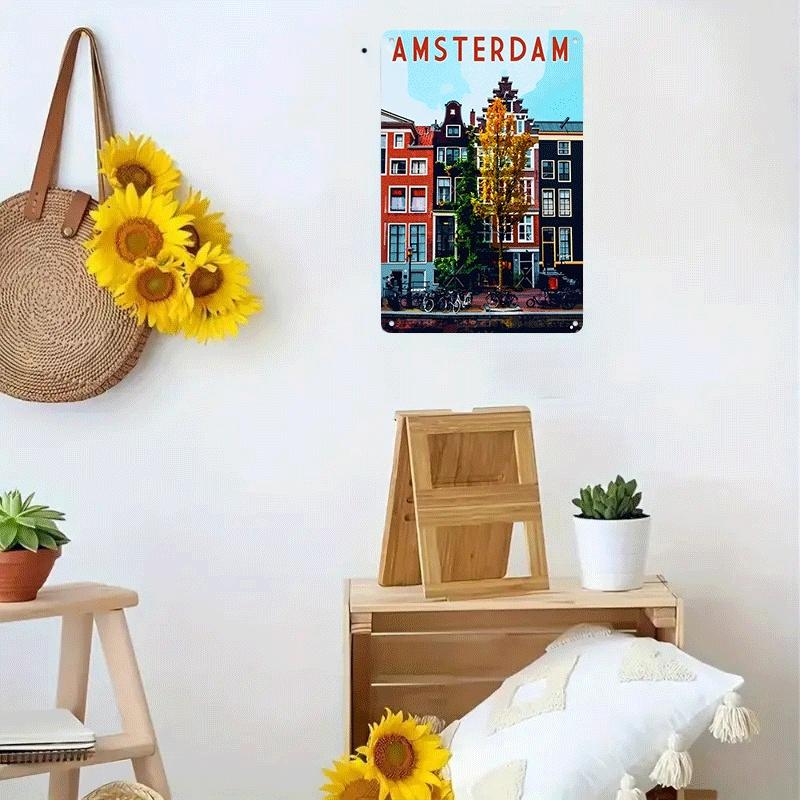 1 piece: Amsterdam city scene tinplate painting, European retro architectural decorative painting, living room/bar wall decorati