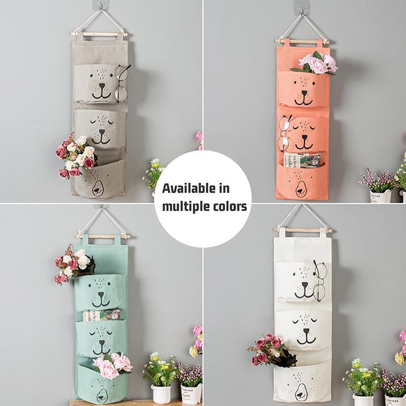 3 Pockets Cute Wall Mounted Storage Bag Closet Organizer Clothes Hanging Storage Bag Children Room Pouch Home Decor