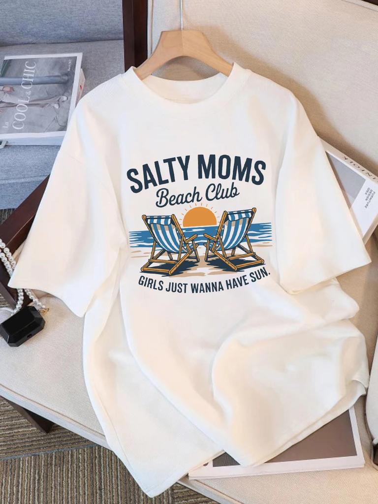 Summer TShirts Womens Salty Moms Beach Club Printing Tops Comfortable Soft ONeck Short Sleeve Tees Basic Clothes