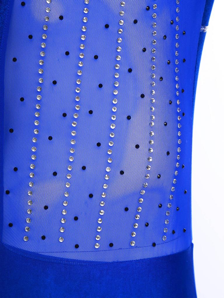 Men Latin Dance Leotard Mesh Long Sleeve Deep V Neck Velvet Shiny Rhinestones Bodysuit