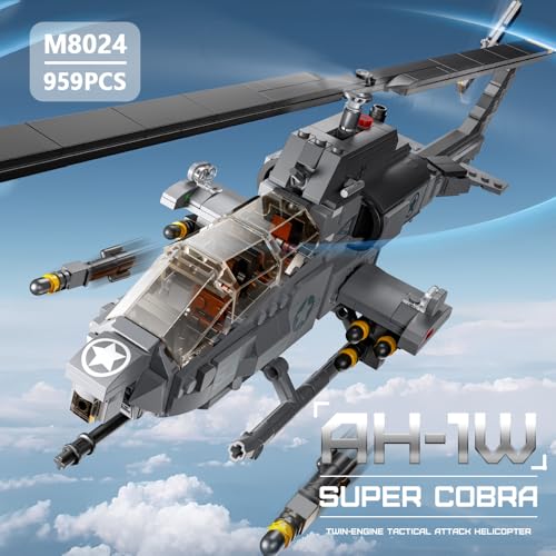 MISINI M8024 AH-1W Super Cobra Военный вертолет с вооружением, Набор строительных блоков, 958 деталей, Военный, Средний размер 1:Набор строительных блоков "Вертолет" масштаба 1:35, Идеальный