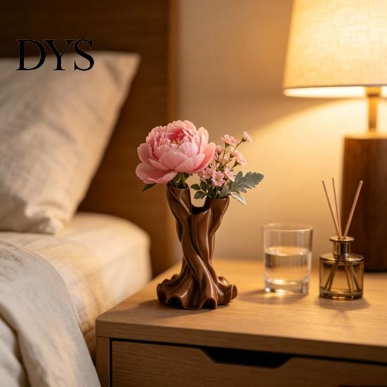 3D Printed Flower Vase Vase, Matte Wood Grain Double Tube Ornament, Mid Unique Resin Holder Century Style Floral Arrangement, for Dried Flowers