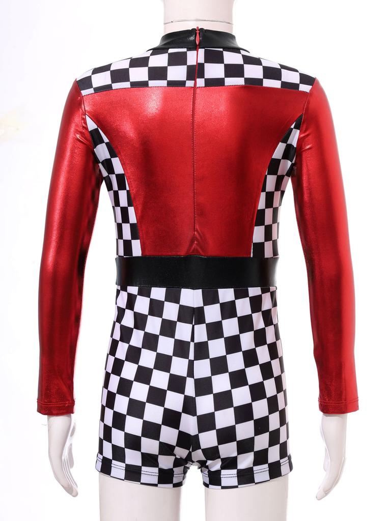 Детский комбинезон с длинными рукавами и принтом шахматной доски для девочек Biketard, костюм гонщика, карнавальный костюм для Хэллоуина, гимнастический костюм для танцев