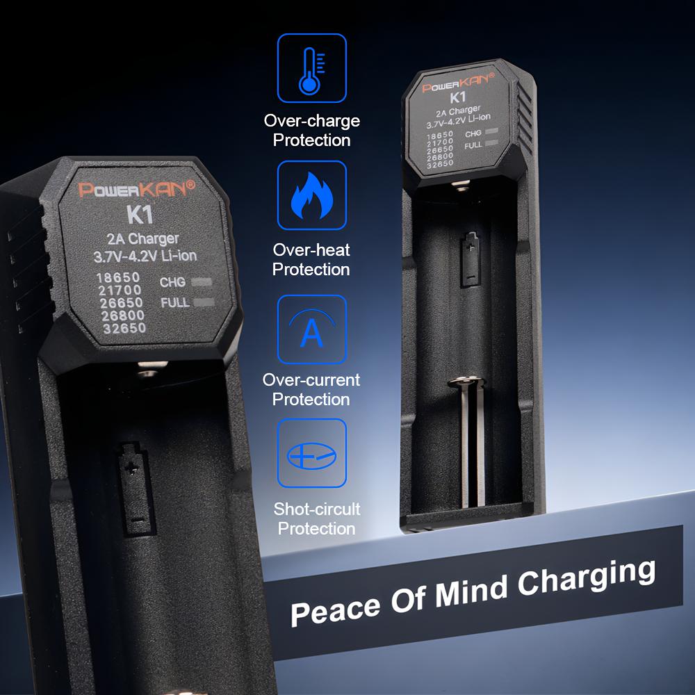 POWERKAN K1 Умное зарядное устройство с 1 слотом, Быстрое зарядное устройство Type-C для литий-ионных аккумуляторов 18650 21700 26650