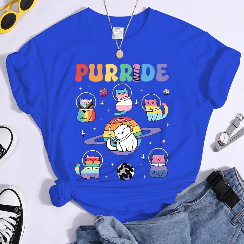 Fun Cat Print LGBT T Shirts Lesbian Girl Bisexual Streetwear Short Sleeve GAY Y2K Tops Crewneck Women Fashion Retro Tshirts