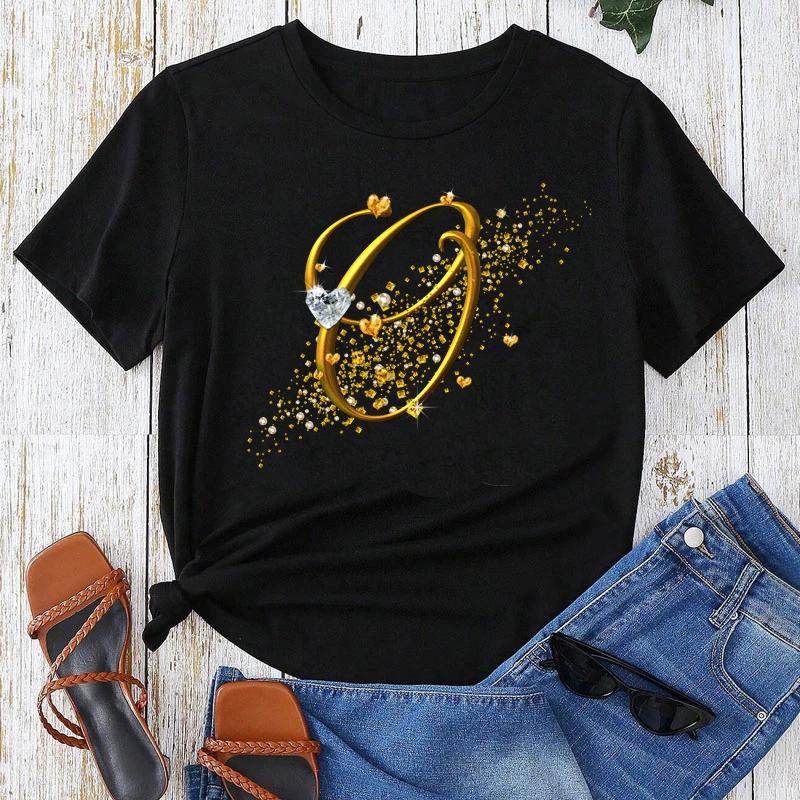 Топы с коротким рукавом с золотым шрифтом из комбинации букв с пользовательским именем, черная футболка, женские топы