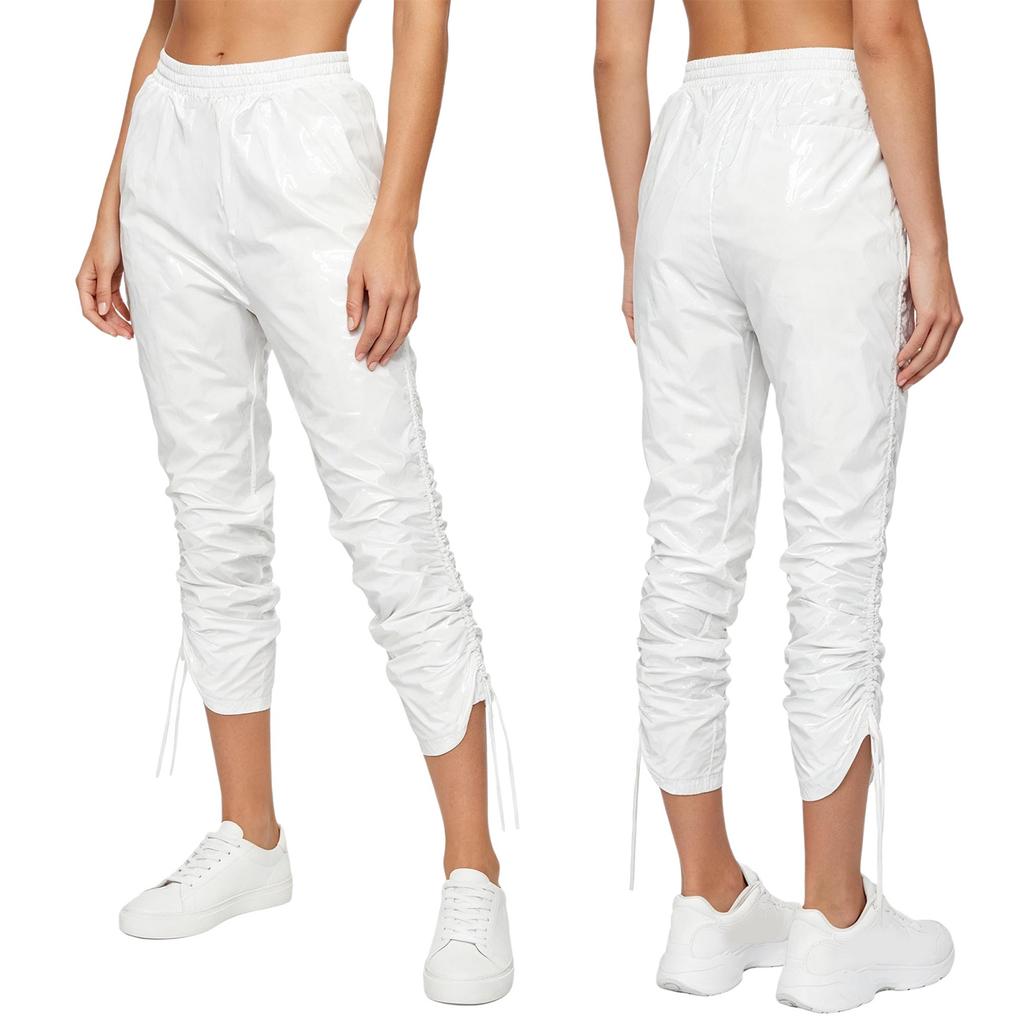 S-3XL Women’s Vinyl Waterproof Reusable Exercise Pants Capri Length Adjustable Waistband Side Pockets Drawstrings at Sides for Gym Workout