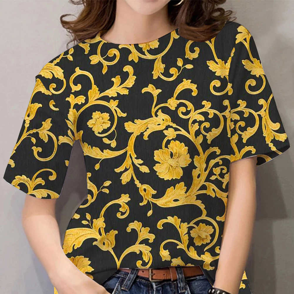 Летние женские футболки с короткими рукавами 3D топы Роскошные рубашки в стиле барокко Дизайнерская одежда Женская футболка Повседневная футболка большого размера с круглым вырезом