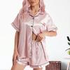 2 Pcs/Set Women Summer Pajama Set Solid Color Silky Lapel Short Sleeve Single-breasted Top