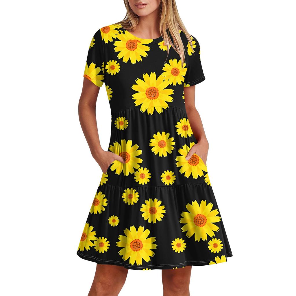 Женское повседневное модное платье-миди с круглым вырезом и коротким рукавом с принтом и карманом