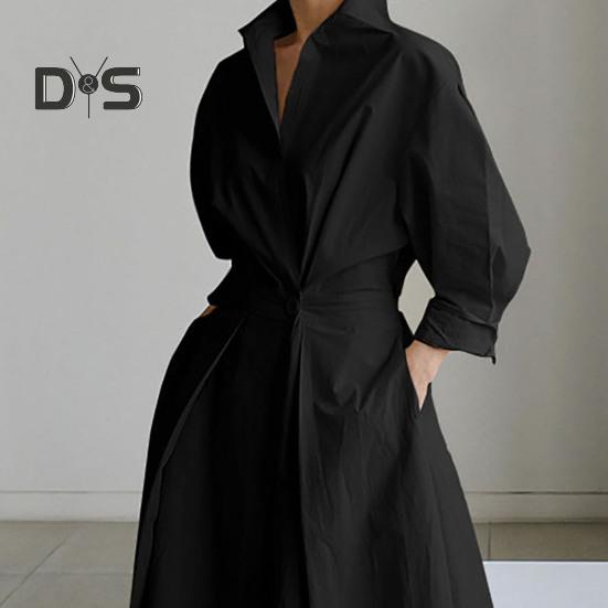 Женское платье-рубашка с длинным рукавом на пуговицах, повседневное платье-миди А-силуэта, длинное платье с воротником-лацканами для офисных вечеринок и пляжа