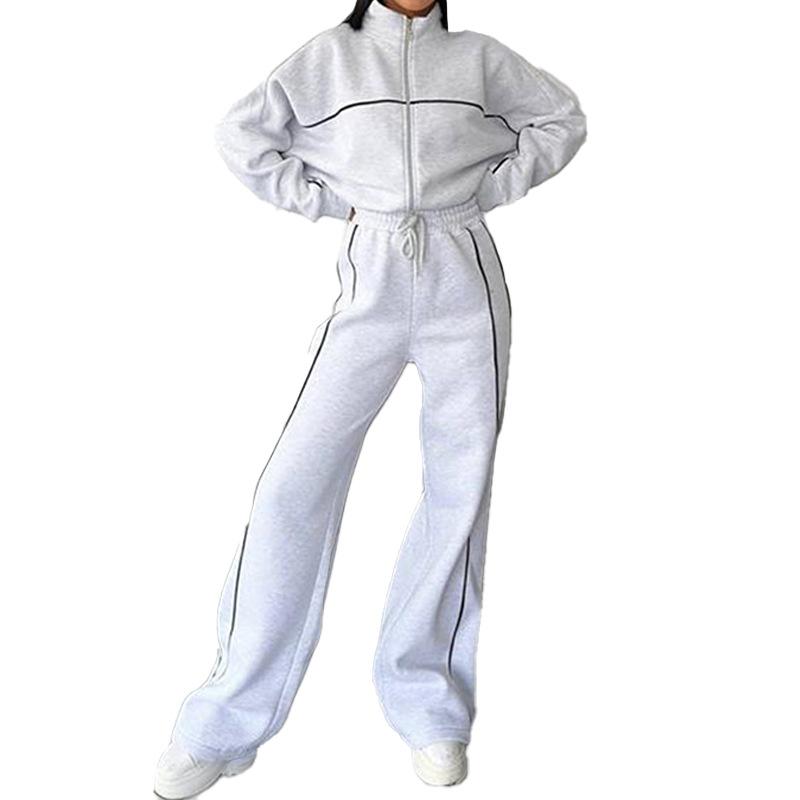 Повседневный комплект с длинным рукавом, полувысоким воротником, кардиганом, модной молнией, толстовкой с завязками, эластичным поясом, удобными полосатыми брюками