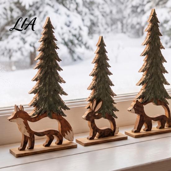 Elegant Handcrafted Wood Art 4Pcs Wooden Animal and Pine Ornaments, Fox Rabbit Bear Hedgehog Natural Texture Ornament Figurine, Rustic Woodland Themed