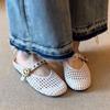 Fashion 2025 Summer New Women's Hollow-out Cow Leather Metal Buckle Slip-on Jane Flats Slides Sandal Elegant