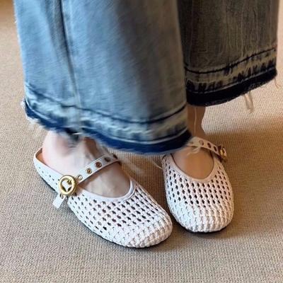 Мода 2025 лето новый женский ажурный из коровьей кожи металлическая пряжка слипоны балетки сандалии элегантные