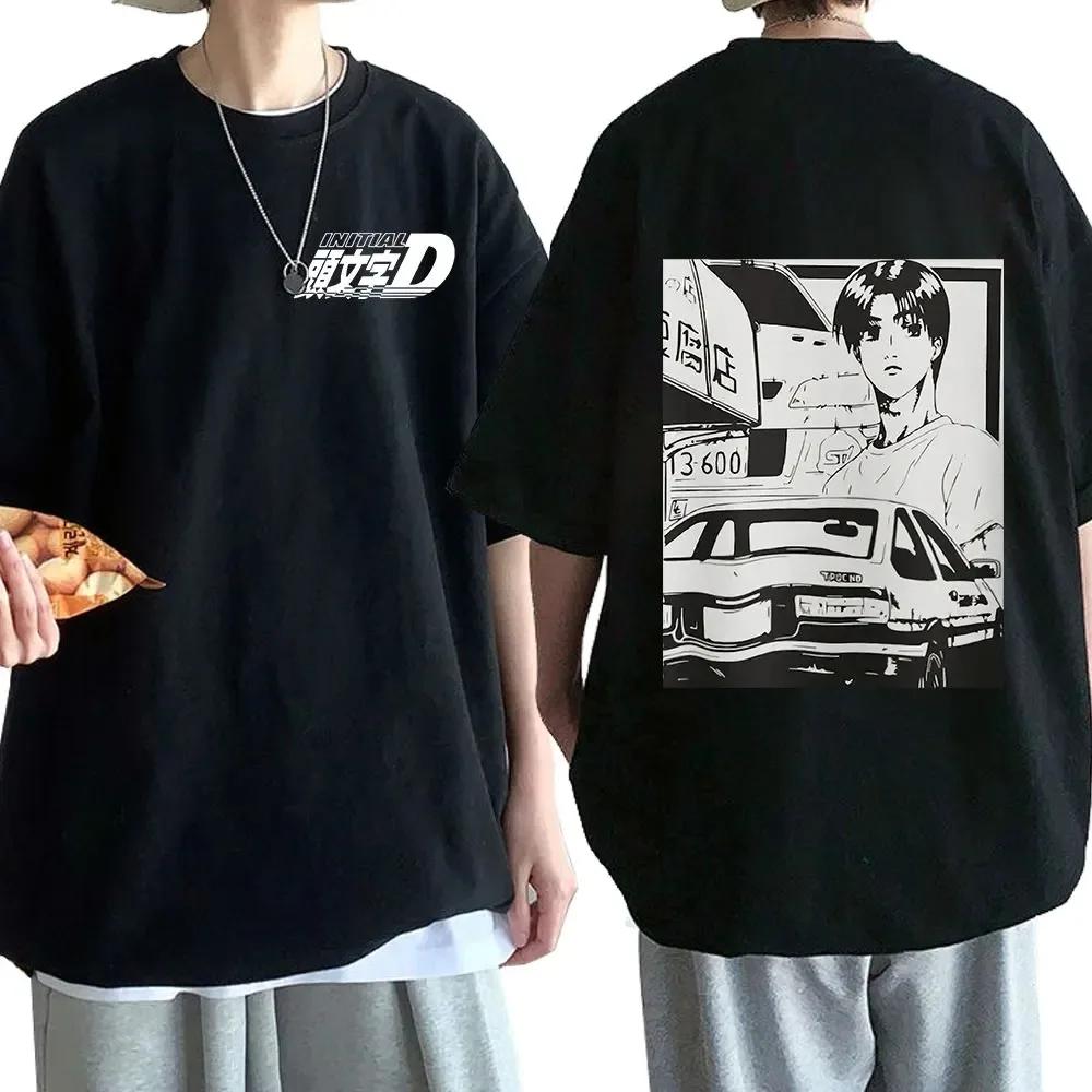 Men Anime Drift AE86 Initial D Double Sided T Shirt O-Neck Short Sleeves Summer Casual Unisex R34 Skyline GTR JDM Manga T-Shirts