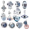 925 Sterling Silver Blue 2023 Graduation Heart & Sparkling Cross Dangle Charm Bead Fit Original Fasion Bracelet DIY Jewelry