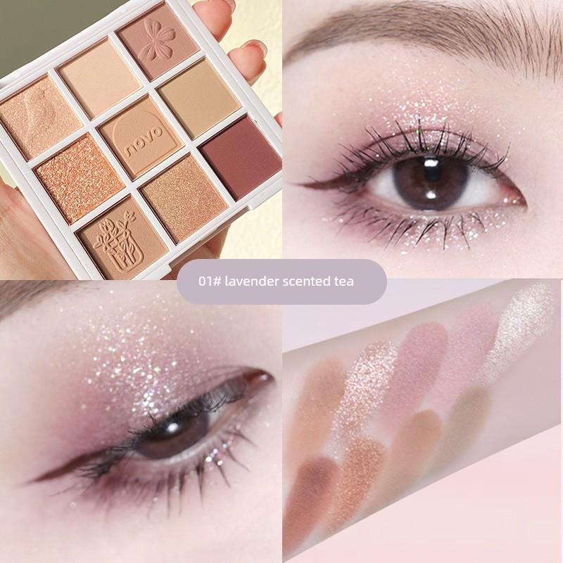 Novo Nine Colors Eye Shadow Plate Genuine Goods 2023 New Arrival Smoky Makeup Matte Shimmer Earth Color Highlight Multi-Functional Multi-Color Series