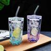 300ml Straw Tumbler Glass Star Drinking Cups with Straw Pentagonal Coffee Milk Juice Glass Plastic Lid Leakproof