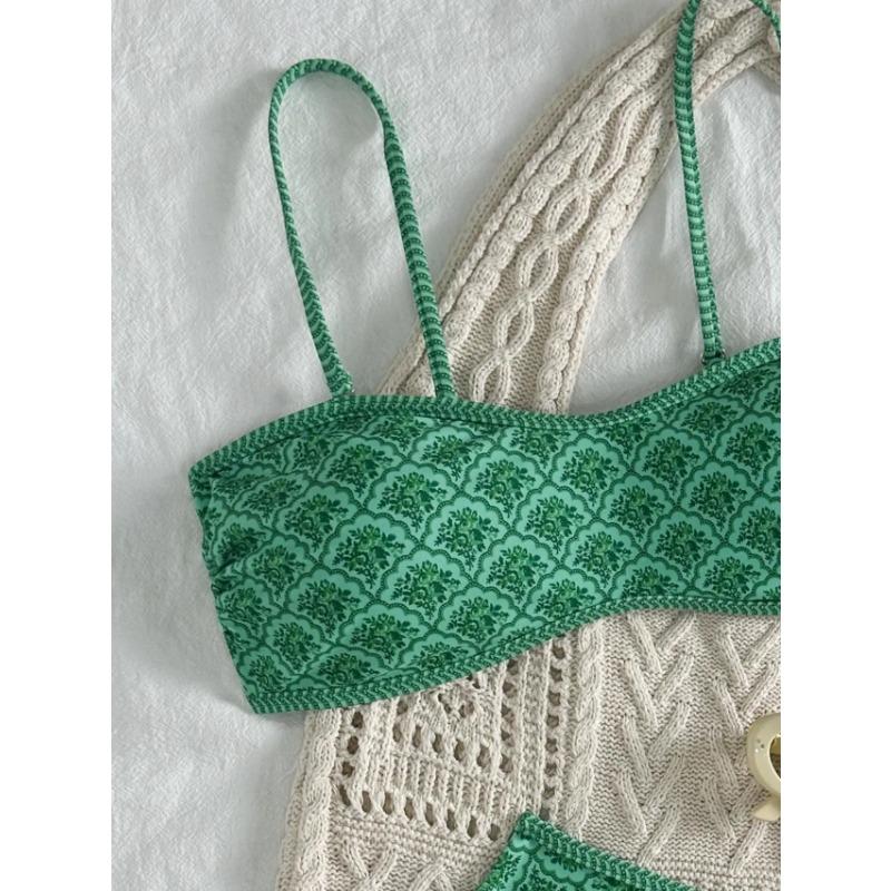 Сексуальный купальник бандо 2025 женский зеленый с цветочным принтом плиссированный пуш-ап с подкладкой стринги летний купальный костюм из двух частей купальник бикини