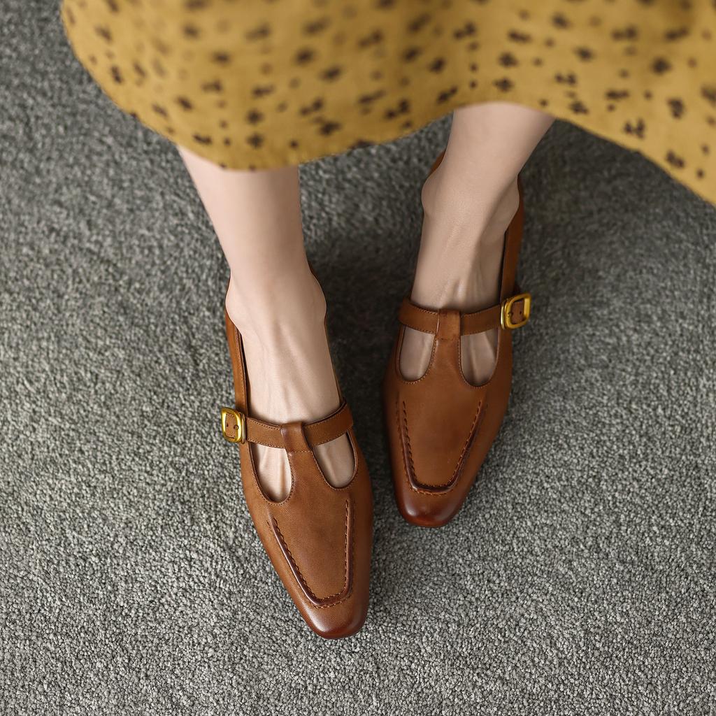 Krazing Pot Sheep Suede Square Toe Chunky Med Heels Summer Shoes Buckle Straps Women Pumps