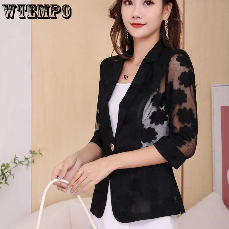 Suit Coat Women's Spring and Summer Fashion Lace Top 7/4 Sleeve Suit Sunscreen Shirt Casual Top